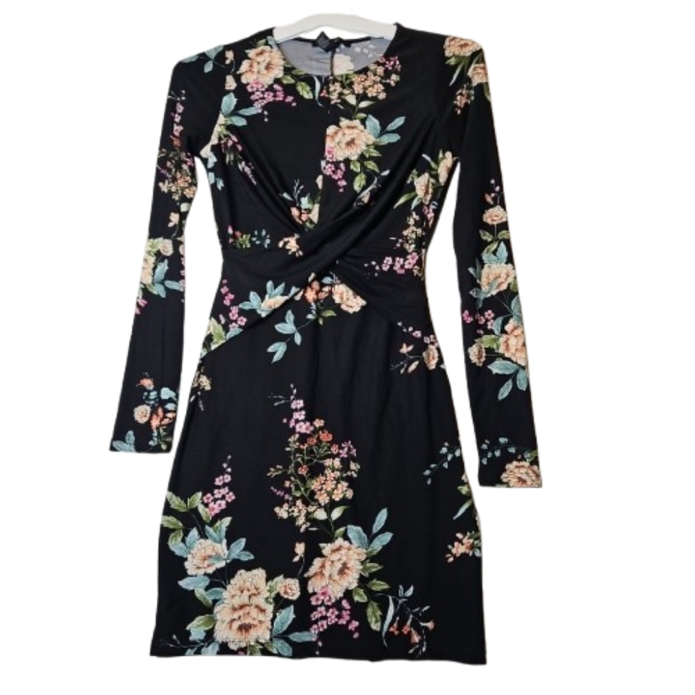 FOREVER21 Women’s Bodycon Dress Round Neck Long Sleeve Black Floral Print Size S